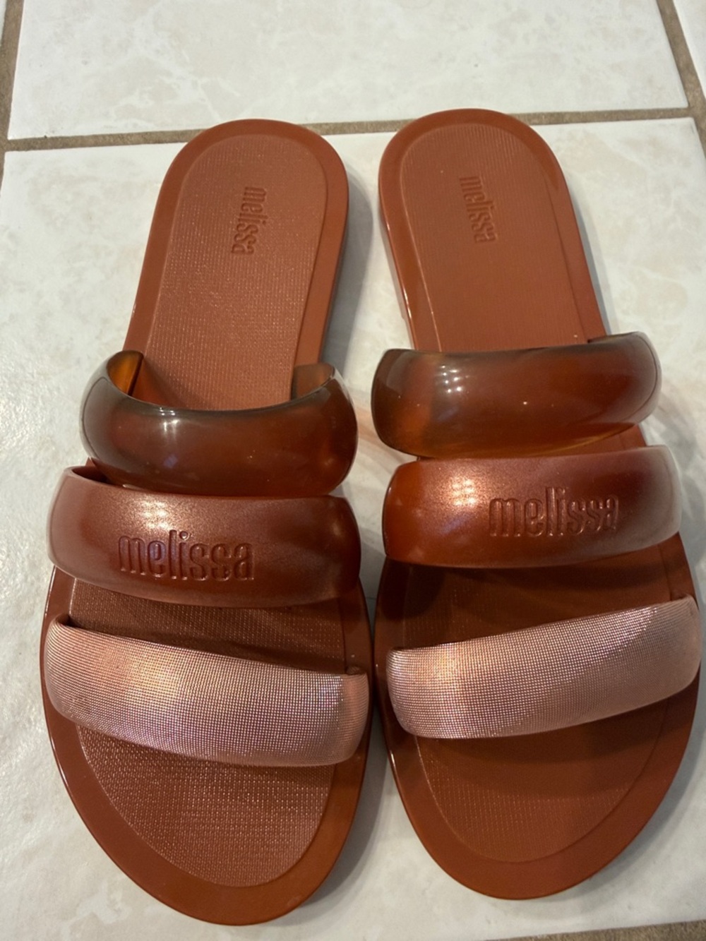 Melissa Women's Rust Brown & Rose Gold Triple-Strap Slide Sandals